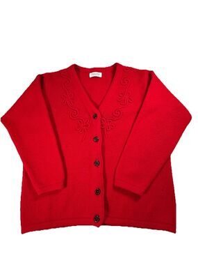 United Colors of Benetton Vintage Cardigan Women M Red Wool 3D Floral Grannycore